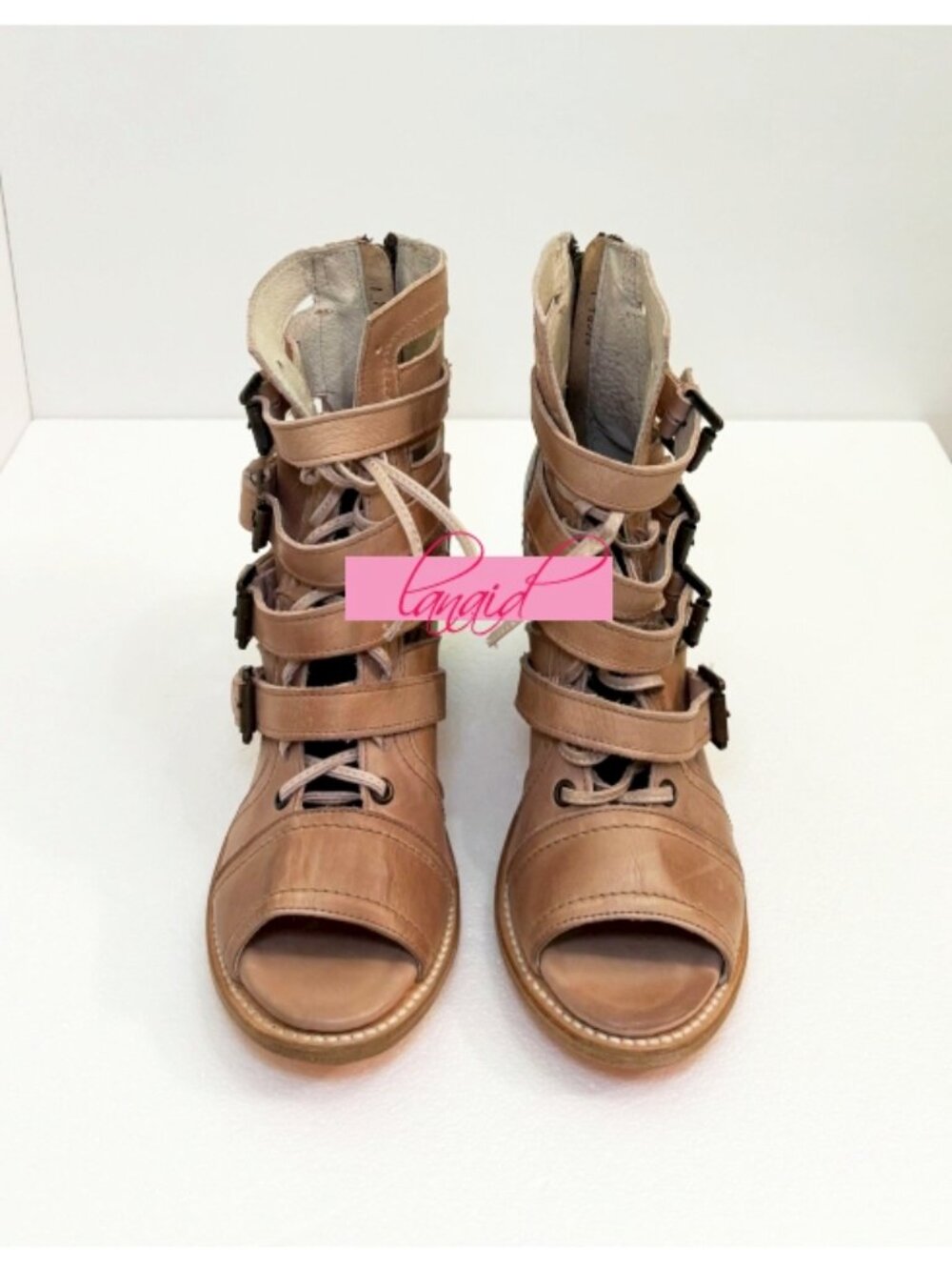 Freebird Braeden Blush Leather Tan Distressed Edgy Buckles Low Heel Sandals 10 - Picture 8 of 16